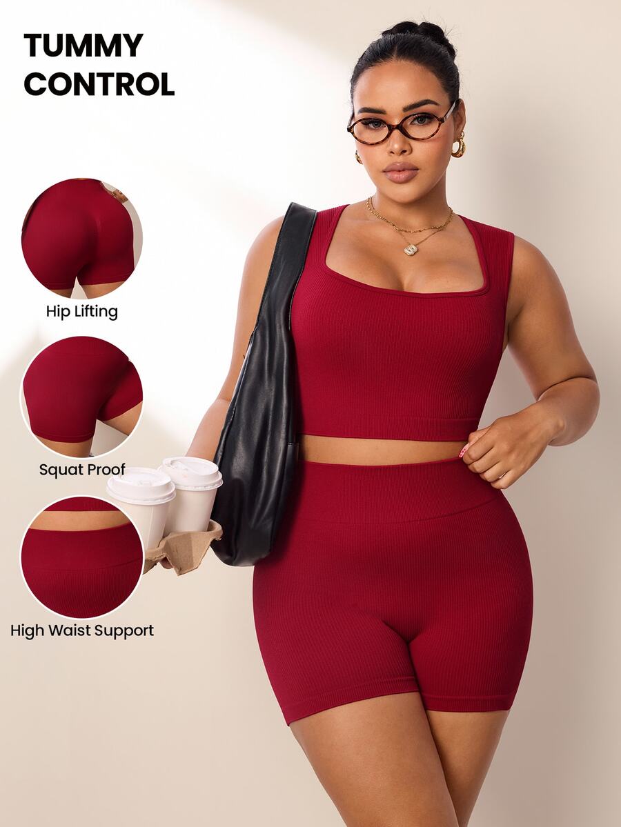 SHEIN Rhythm Era 2件組大尺碼女款無縫螺紋高彈性運動套裝,運動背心與緊身七分褲,瑜珈健身運動跑步套裝 - 酒紅色 - 查看 1