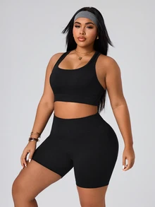 SHEIN Rhythm Era Seamless High Elasticity Plus Size Women's Sports Set - Black - View 3