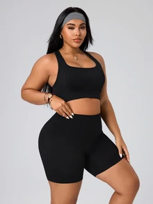 SHEIN Rhythm Era Seamless High Elasticity Plus Size Women's Sports Set - Black - View 4