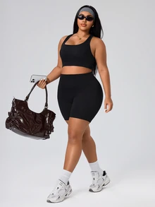 SHEIN Rhythm Era Seamless High Elasticity Plus Size Women's Sports Set - Black - View 7