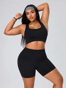 SHEIN Rhythm Era Seamless High Elasticity Plus Size Women's Sports Set - Black - View 2