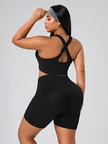 SHEIN Rhythm Era Seamless High Elasticity Plus Size Women's Sports Set - Black - View 8