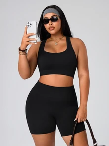 SHEIN Rhythm Era Seamless High Elasticity Plus Size Women's Sports Set - Black - View 5