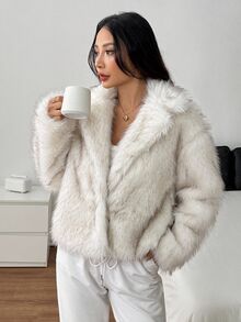 SHEIN PETITE 女款純色翻領長袖寬鬆人造毛白色大衣，適合秋冬，小碼女款 - 白色 - 查看 7