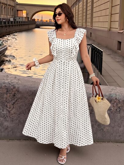 Vionelle Plus Size Women's Summer Autumn Black And White Single-Breasted Ruched Hem Dress, Vintage 1960s Elegant Romantic Fashion Popular Style Pleated Skirt