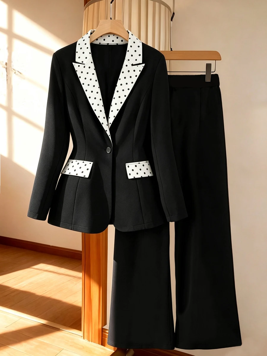 Yalmera Plus-Size Women's Elegant Polka-Dot Print Patchwork Tailored Blazer And Casual Trousers, A Versatile And Stylish Set For Professional Attire. - Black - View 1