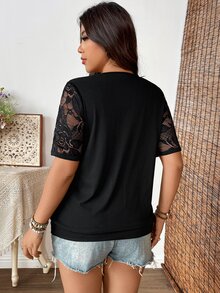 EMERY ROSE Plus Size Black Summer Elegant Night Out Club Knitted Cowl Neck Long Tee,Drawstring Contrast Lace Half Sleeve Loose Hem 2 In 1 T-Shirt For Vacations - Black - View 2