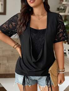 EMERY ROSE Plus Size Black Summer Elegant Night Out Club Knitted Cowl Neck Long Tee,Drawstring Contrast Lace Half Sleeve Loose Hem 2 In 1 T-Shirt For Vacations - Black - View 8