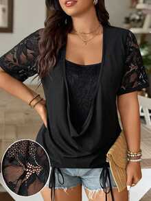 EMERY ROSE Plus Size Black Summer Elegant Night Out Club Knitted Cowl Neck Long Tee,Drawstring Contrast Lace Half Sleeve Loose Hem 2 In 1 T-Shirt For Vacations - Black - View 1
