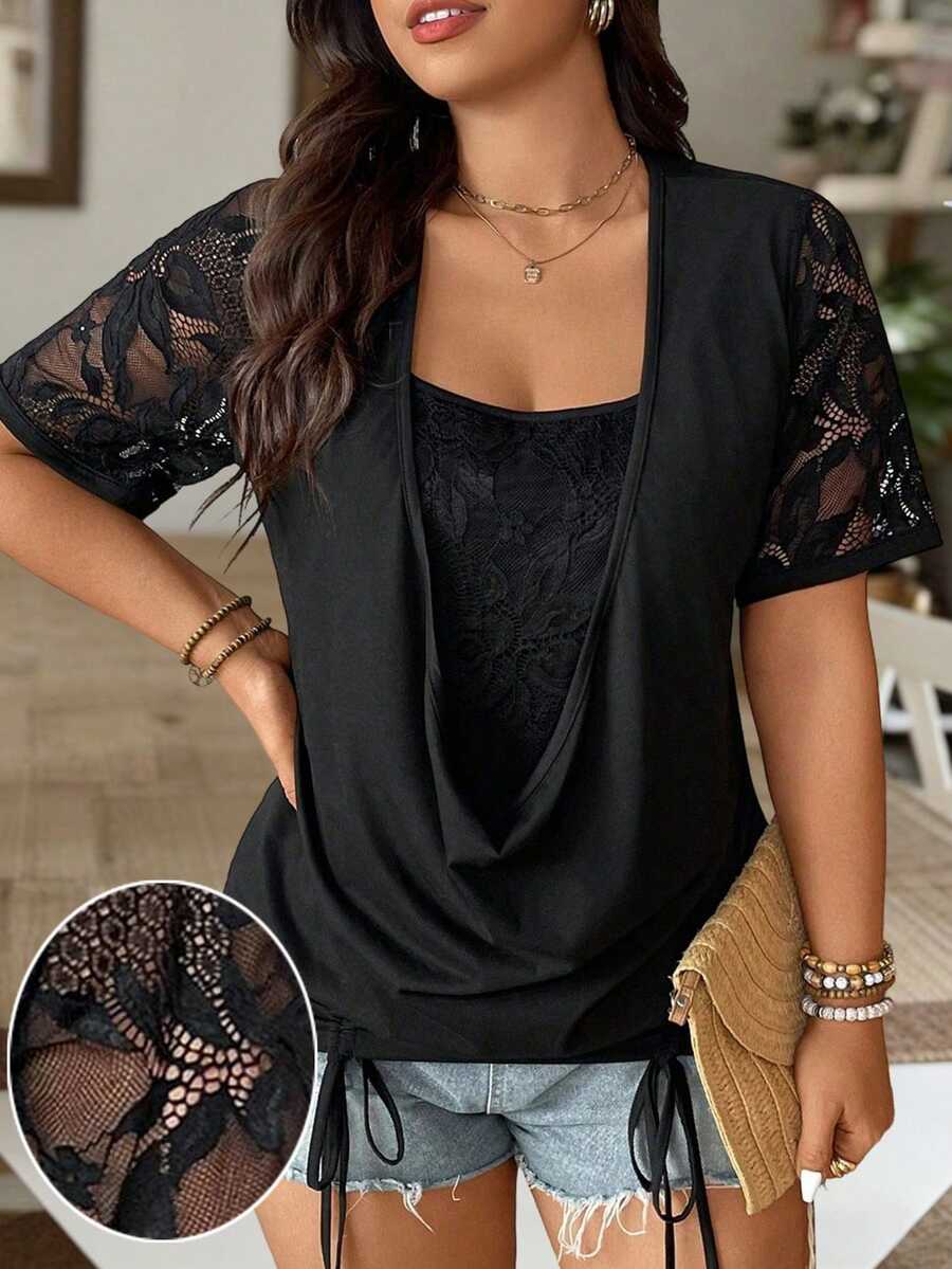 EMERY ROSE Plus Size Black Summer Elegant Night Out Club Knitted Cowl Neck Long Tee,Drawstring Contrast Lace Half Sleeve Loose Hem 2 In 1 T-Shirt For Vacations - Black - View 1