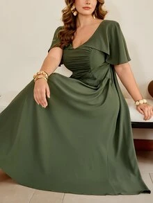 Roveilla Women's Spring/Summer Ruched French Style Elegant Sophisticated Office Wedding Date Night Commute Casual Ruffle Collar Button Sexy A-Line Dress - Green - View 8