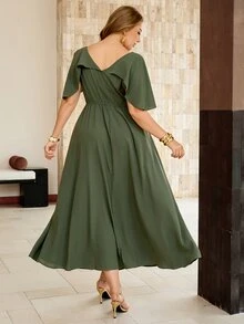 Roveilla Women's Spring/Summer Ruched French Style Elegant Sophisticated Office Wedding Date Night Commute Casual Ruffle Collar Button Sexy A-Line Dress - Green - View 3