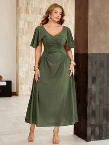 Roveilla Women's Spring/Summer Ruched French Style Elegant Sophisticated Office Wedding Date Night Commute Casual Ruffle Collar Button Sexy A-Line Dress - Green - View 4
