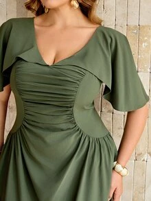 Roveilla Women's Spring/Summer Ruched French Style Elegant Sophisticated Office Wedding Date Night Commute Casual Ruffle Collar Button Sexy A-Line Dress - Green - View 9