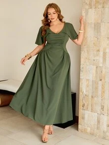 Roveilla Women's Spring/Summer Ruched French Style Elegant Sophisticated Office Wedding Date Night Commute Casual Ruffle Collar Button Sexy A-Line Dress - Green - View 6