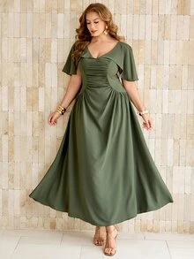 Roveilla Women's Spring/Summer Ruched French Style Elegant Sophisticated Office Wedding Date Night Commute Casual Ruffle Collar Button Sexy A-Line Dress - Green - View 7