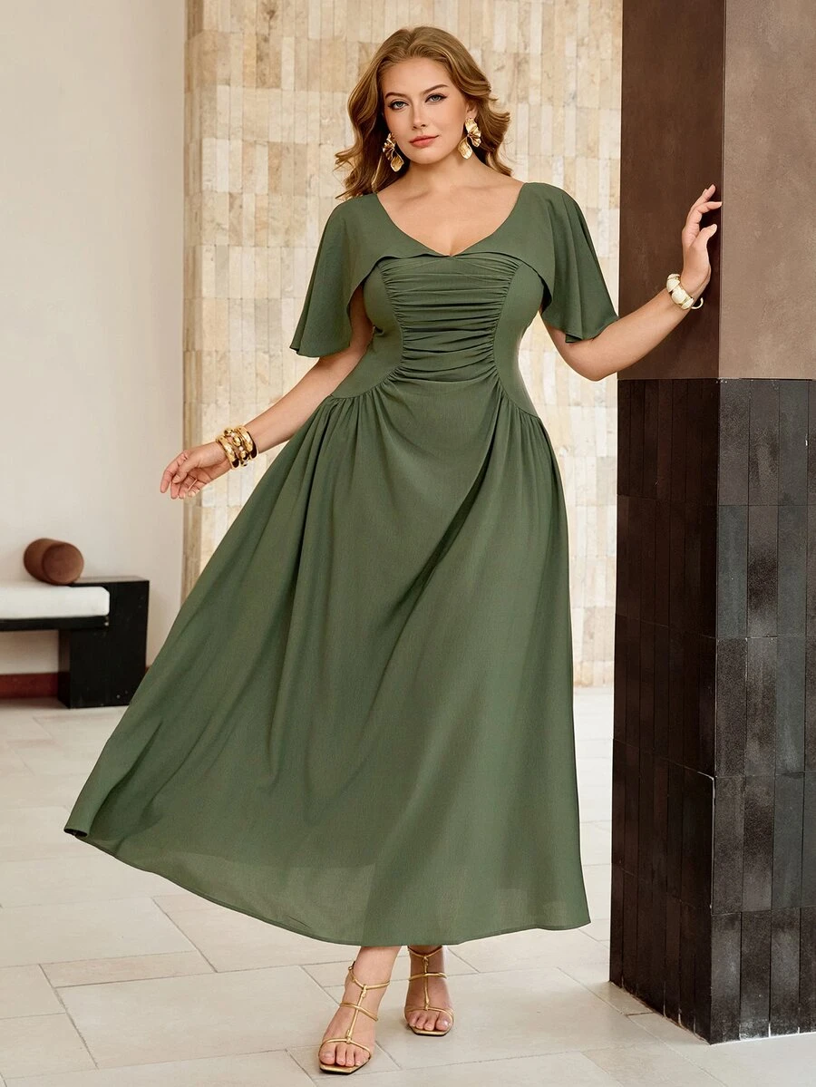 Roveilla Women's Spring/Summer Ruched French Style Elegant Sophisticated Office Wedding Date Night Commute Casual Ruffle Collar Button Sexy A-Line Dress