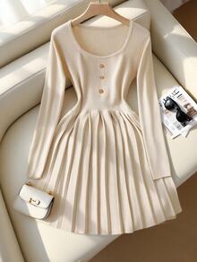 Franclia New Autumn Elegant Elegant Versatile Slim Fit Waist Pleated Dress Fall Winter Cloth For Women - Apricot - View 1