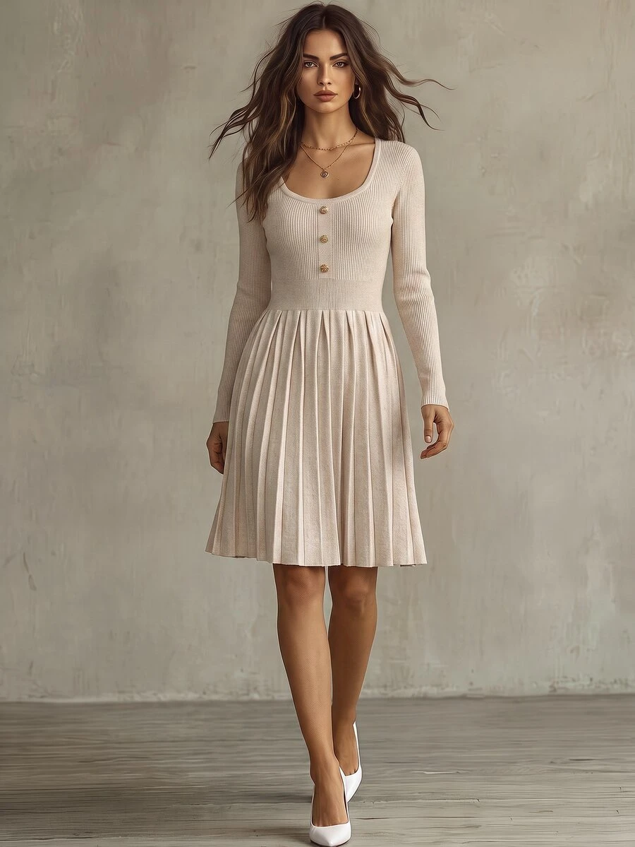 Franclia New Autumn Elegant Elegant Versatile Slim Fit Waist Pleated Dress Fall Winter Cloth For Women - Apricot - View 1
