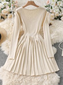 Franclia New Autumn Elegant Elegant Versatile Slim Fit Waist Pleated Dress Fall Winter Cloth For Women - Apricot - View 2