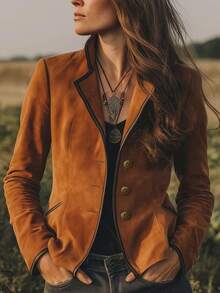 SHEIN LilyWest Jaket Lengan Panjang Wanita Warna Polos Kasual Serbaguna untuk Sehari-hari - Coffee Brown - View 1