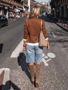 SHEIN LilyWest Jaket Lengan Panjang Wanita Warna Polos Kasual Serbaguna untuk Sehari-hari - Coffee Brown - View 2