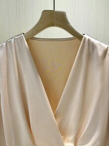Franclia Fashionable Minimalist V-Neck Long Sleeve Ruffle Trim Fitted Office Shirt - Champagne - View 4