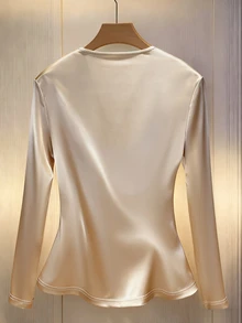 Franclia Fashionable Minimalist V-Neck Long Sleeve Ruffle Trim Fitted Office Shirt - Champagne - View 2
