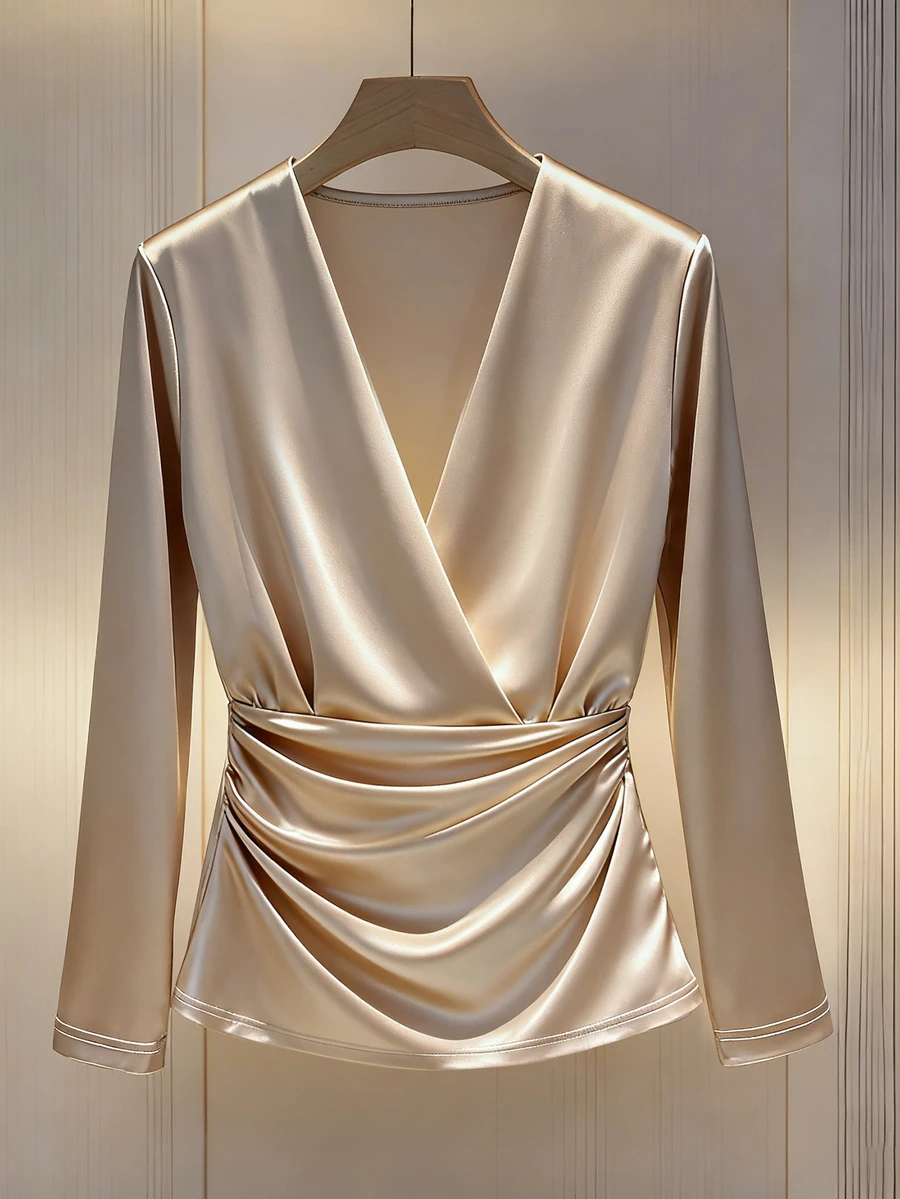 Franclia Fashionable Minimalist V-Neck Long Sleeve Ruffle Trim Fitted Office Shirt - Champagne - View 1
