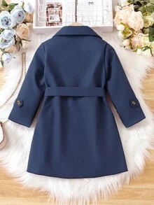 SHEIN Elladie kids Young Girl Double Breasted Trench Coat Autumn Fall - Blue - View 2