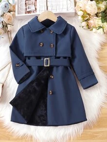 SHEIN Elladie kids Young Girl Double Breasted Trench Coat Autumn Fall - Blue - View 3