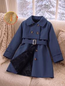 SHEIN Elladie kids Young Girl Double Breasted Trench Coat Autumn Fall - Blue - View 1