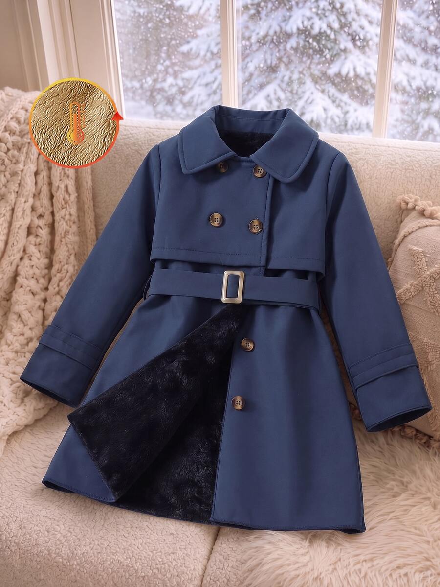 SHEIN Elladie kids Young Girl Double Breasted Trench Coat Autumn Fall - Blue - View 1