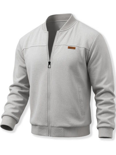 Manfinity CasualCool Herrs baseballjacka i konstläder, ljusgrå med ståkrage, dragkedja och läderpatch, lös casual mångsidig ribbad ytterjacka för höst/vinter och daglig pendling