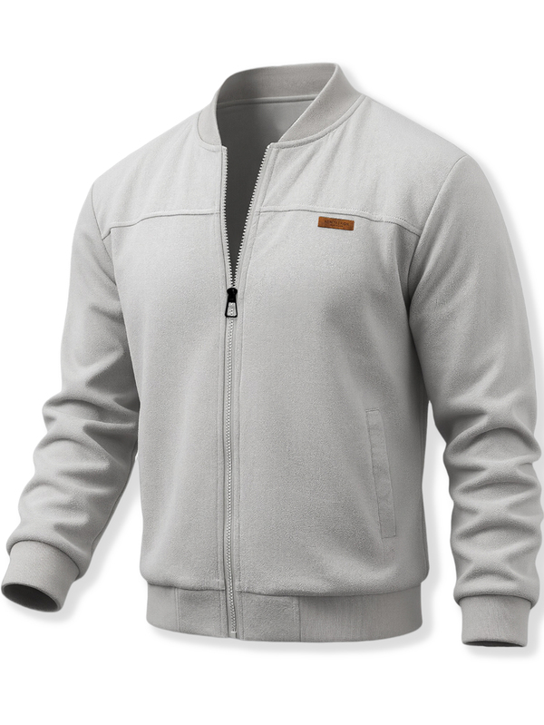 Manfinity CasualCool Men's Faux Suede Baseball Jacket, Light Gray Stand Collar Zip-Up Leather Patch Jacket, Loose Casual Versatile Ribbed Outerwear For Autumn/Winter Daily Commute