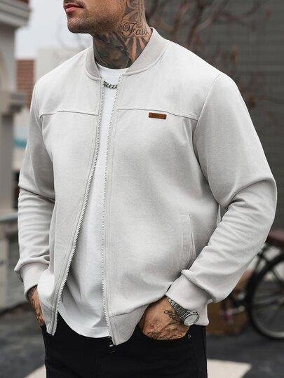 Manfinity CasualCool Men's Faux Suede Baseball Jacket, Light Gray Stand Collar Zip-Up Leather Patch Jacket, Loose Casual Versatile Ribbed Outerwear For Autumn/Winter Daily Commute