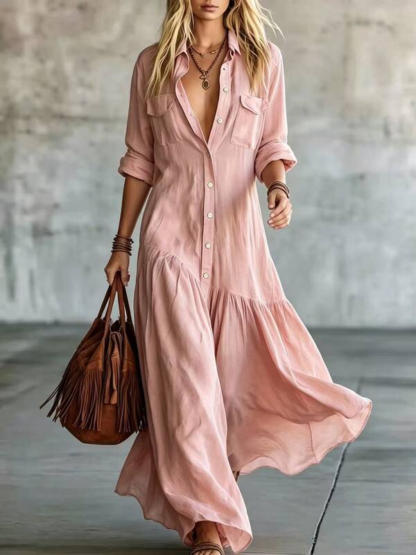 Linhara CURVE French Vintage Casual Woven Pink Shirt Dress, POLO Short Sleeve, Long Dress, Elegant Women's Dress, Summer Women's Dress, Summer Outfit, Autumn New Women's Dress, Women's Casual Dress