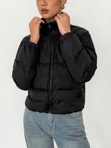 SHEIN Tall 女款高短版冬季加厚棉襖黑色外套，舒適秋冬女裝，適合外出、露營、度假旅行與休閒穿著 - 黑色 - 查看 6