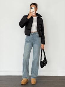 SHEIN Tall 女款高短版冬季加厚棉襖黑色外套，舒適秋冬女裝，適合外出、露營、度假旅行與休閒穿著 - 黑色 - 查看 4