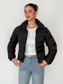 SHEIN Tall 女款高短版冬季加厚棉襖黑色外套，舒適秋冬女裝，適合外出、露營、度假旅行與休閒穿著 - 黑色 - 查看 7