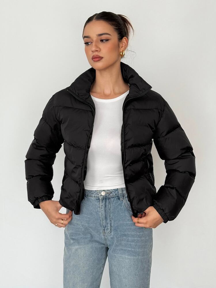 SHEIN Tall 女款高短版冬季加厚棉襖黑色外套，舒適秋冬女裝，適合外出、露營、度假旅行與休閒穿著 - 黑色 - 查看 7