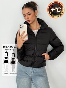 SHEIN Tall 女款高短版冬季加厚棉襖黑色外套，舒適秋冬女裝，適合外出、露營、度假旅行與休閒穿著 - 黑色 - 查看 10