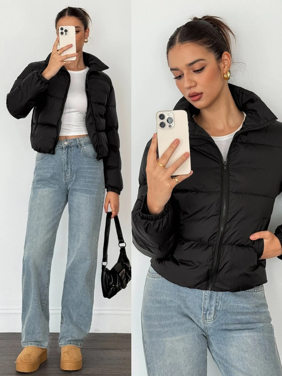 SHEIN Tall 女款高短版冬季加厚棉襖黑色外套,舒適秋冬女裝,適合外出、露營、度假旅行與休閒穿著 - 黑色 - 查看 1