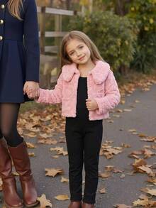 Genkimix Kids Young Girls Cute Casual Cami Jumpsuit & Fluffy Fuzzy Cardigan Jacket 2pcs Set Pink Heart Embossed Lapel Coat Black Rib Knit Long Slit Pants Outfits - Pink - View 4