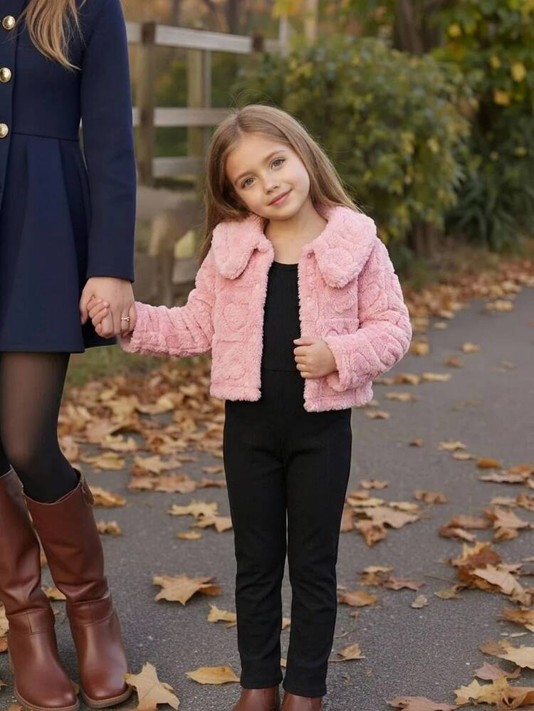 Genkimix Kids Young Girls Cute Casual Cami Jumpsuit & Fluffy Fuzzy Cardigan Jacket 2pcs Set Pink Heart Embossed Lapel Coat Black Rib Knit Long Slit Pants Outfits - Pink - View 4