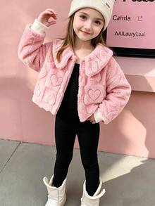 Genkimix Kids Young Girls Cute Casual Cami Jumpsuit & Fluffy Fuzzy Cardigan Jacket 2pcs Set Pink Heart Embossed Lapel Coat Black Rib Knit Long Slit Pants Outfits - Pink - View 3