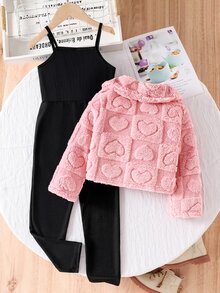 Genkimix Kids Young Girls Cute Casual Cami Jumpsuit & Fluffy Fuzzy Cardigan Jacket 2pcs Set Pink Heart Embossed Lapel Coat Black Rib Knit Long Slit Pants Outfits - Pink - View 2