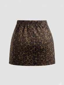 SHEIN LUNE CURVE Plus Size Casual Autumn Leopard Print Pleated Sexy Mini Skirt Fall - Brown - View 2