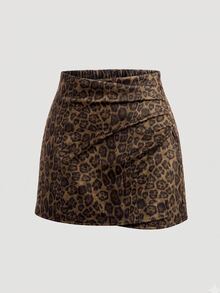 SHEIN LUNE CURVE Plus Size Casual Autumn Leopard Print Pleated Sexy Mini Skirt Fall - Brown - View 7