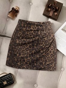 SHEIN LUNE CURVE Plus Size Casual Autumn Leopard Print Pleated Sexy Mini Skirt Fall - Brown - View 3